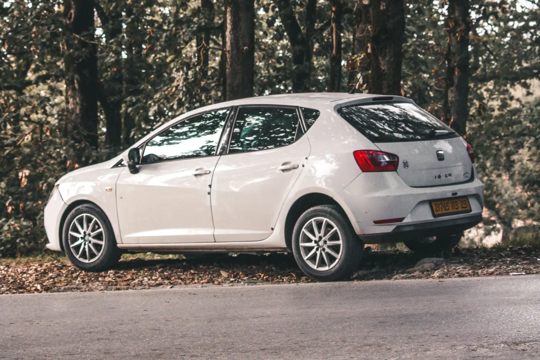 Seat Ibiza Style 2020. Seat Ibiza blanco de tres cuartos por detrás, en un camino